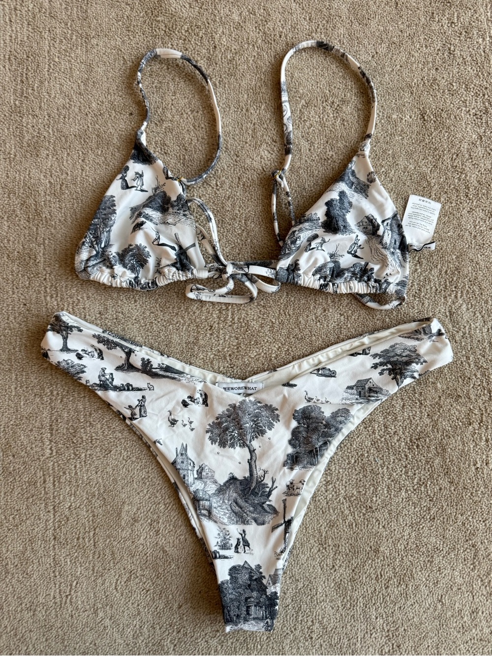 WeWoreWhat Black Toile Triangle Bikini Set on Cream